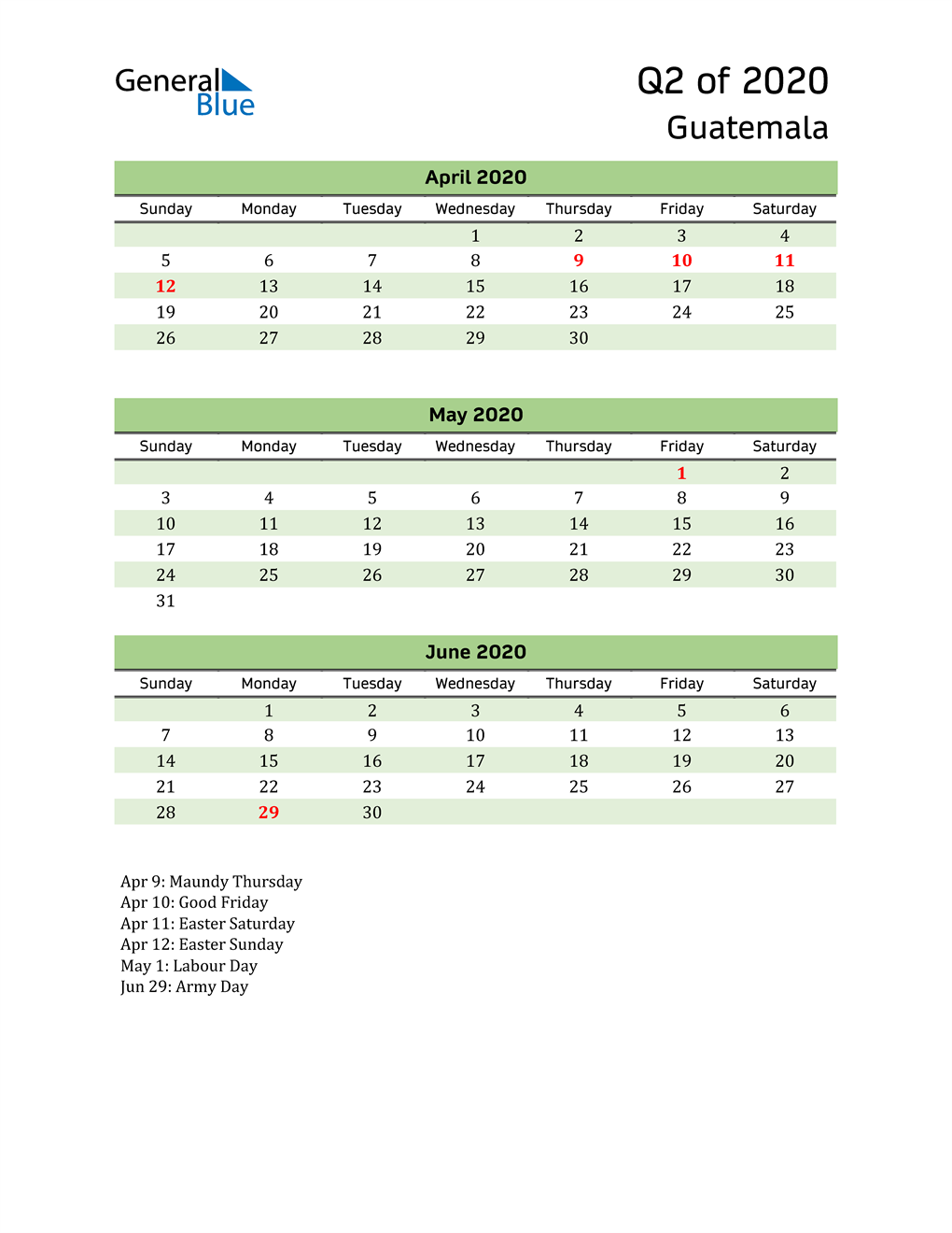  Quarterly Calendar 2020 with Guatemala Holidays 