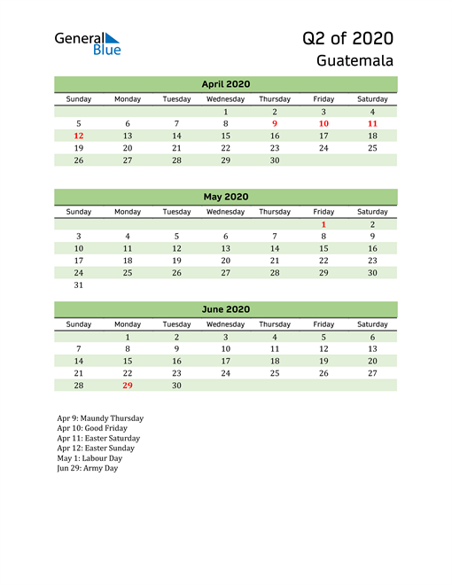  Quarterly Calendar 2020 with Guatemala Holidays 