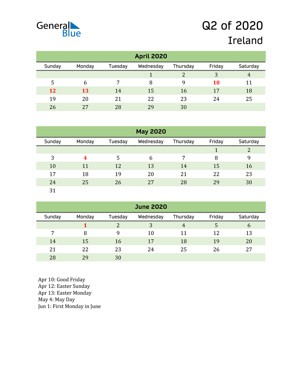  Quarterly Calendar 2020 with Ireland Holidays 