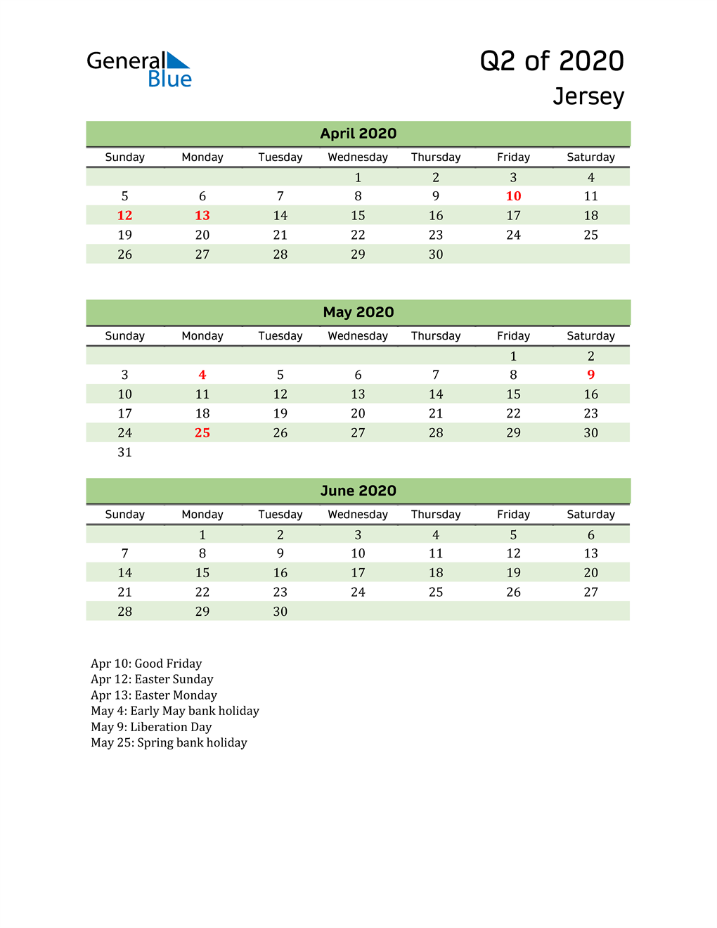  Quarterly Calendar 2020 with Jersey Holidays 