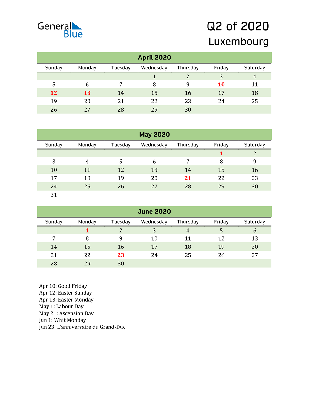  Quarterly Calendar 2020 with Luxembourg Holidays 