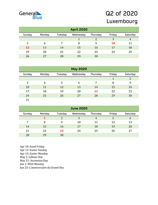  Quarterly Calendar 2020 with Luxembourg Holidays 