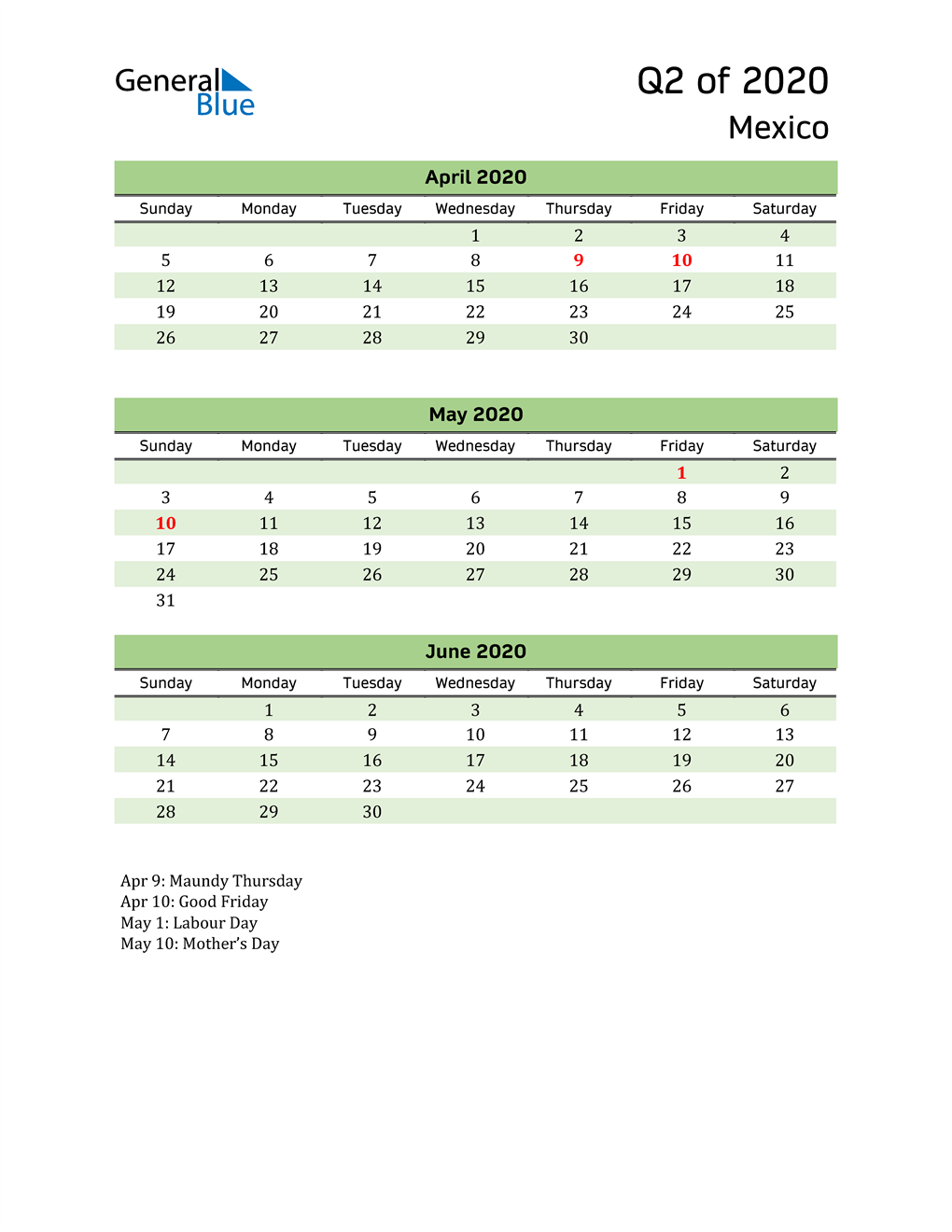  Quarterly Calendar 2020 with Mexico Holidays 