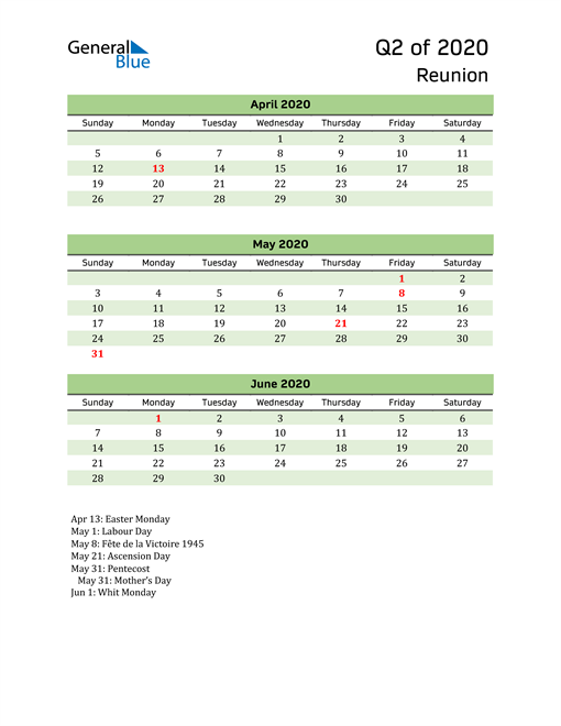  Quarterly Calendar 2020 with Reunion Holidays 