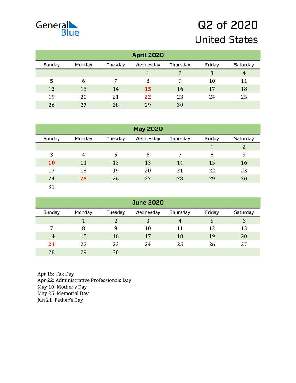  Quarterly Calendar 2020 with United States Holidays 