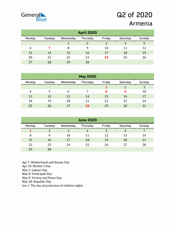 Quarterly Calendar 2020 with Armenia Holidays