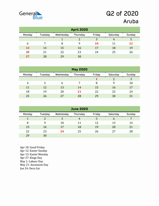 Quarterly Calendar 2020 with Aruba Holidays