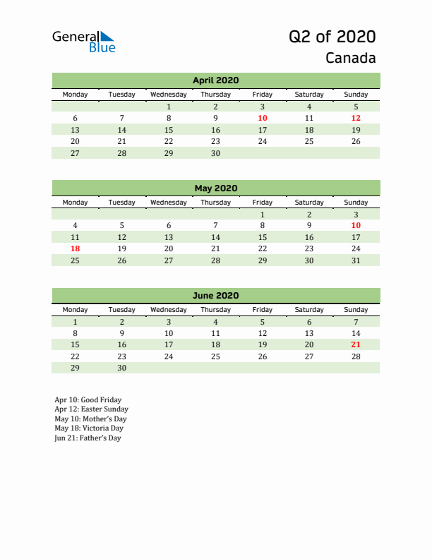 Quarterly Calendar 2020 with Canada Holidays