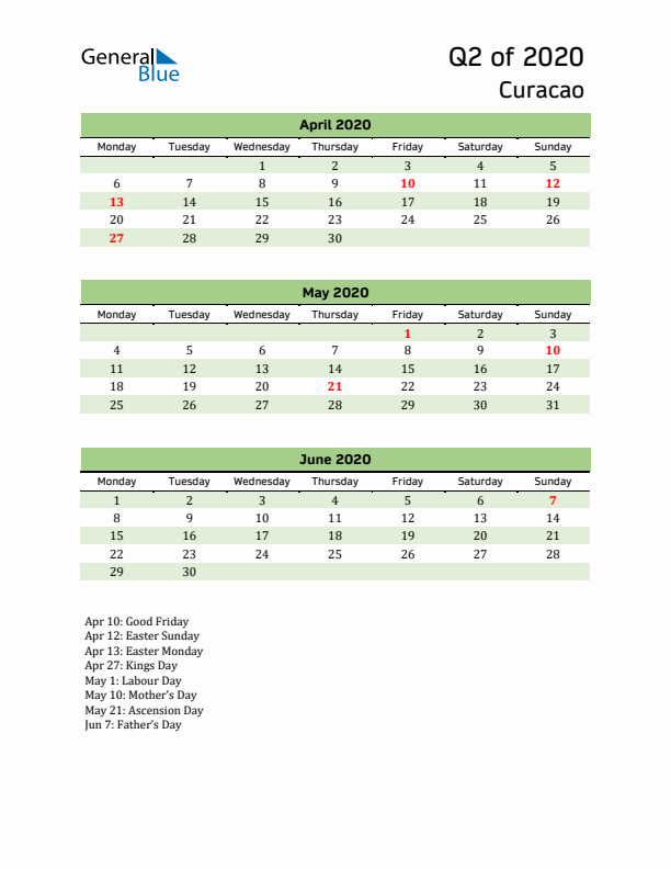 Quarterly Calendar 2020 with Curacao Holidays