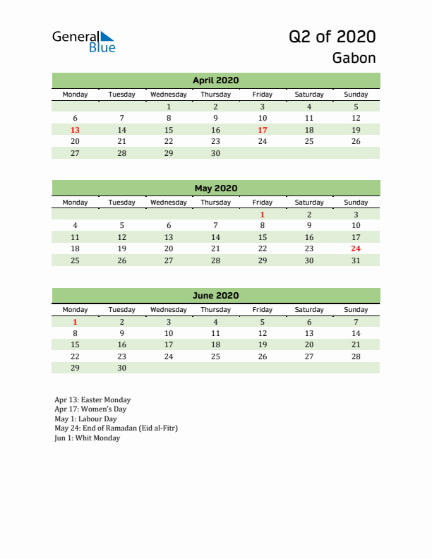 Quarterly Calendar 2020 with Gabon Holidays