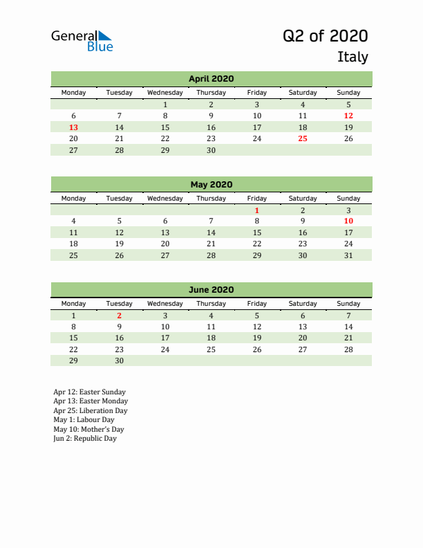 Quarterly Calendar 2020 with Italy Holidays
