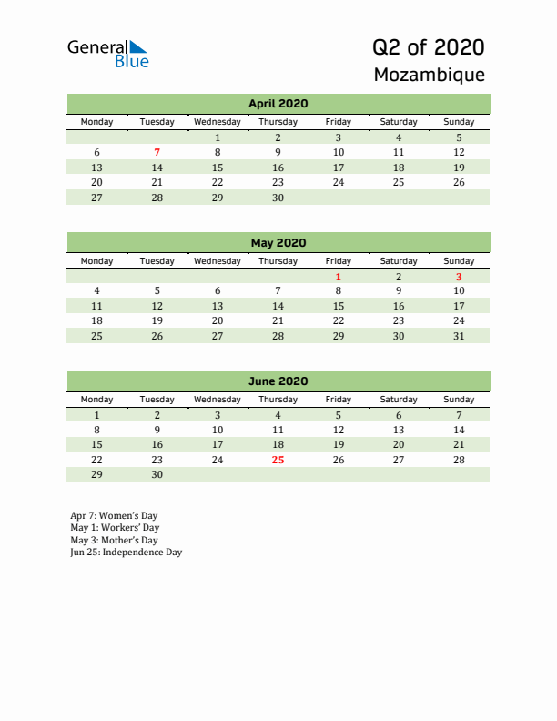Quarterly Calendar 2020 with Mozambique Holidays