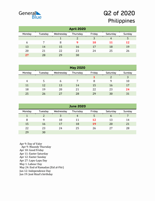 Quarterly Calendar 2020 with Philippines Holidays