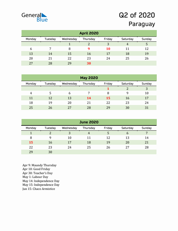 Quarterly Calendar 2020 with Paraguay Holidays