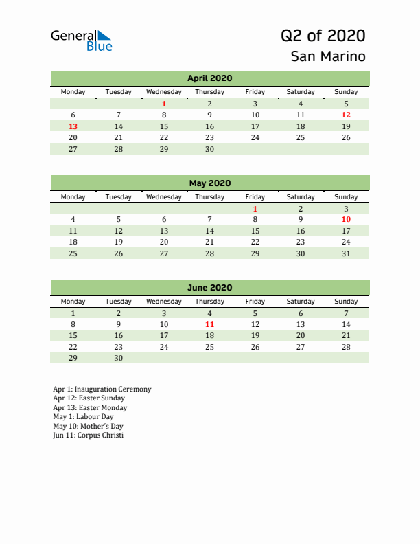 Quarterly Calendar 2020 with San Marino Holidays