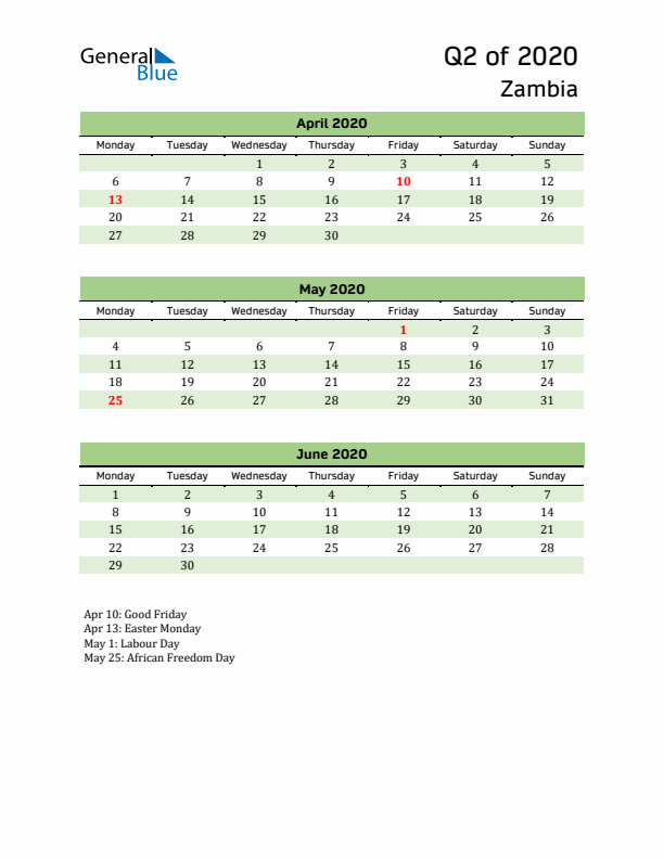 Quarterly Calendar 2020 with Zambia Holidays
