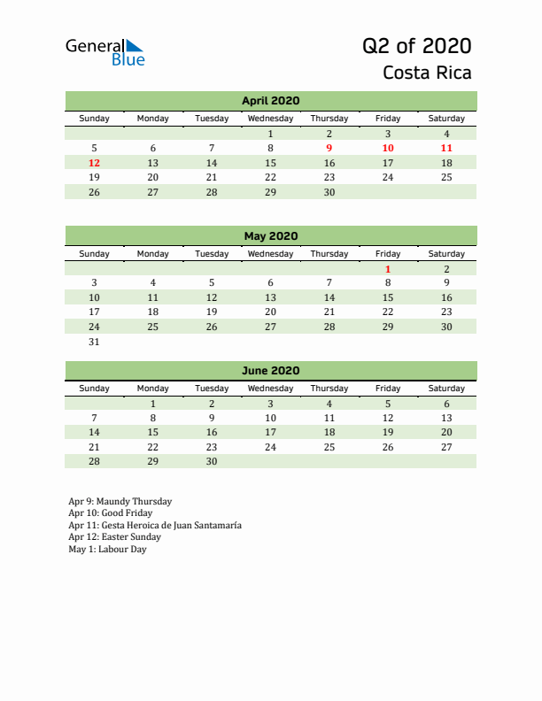 Quarterly Calendar 2020 with Costa Rica Holidays