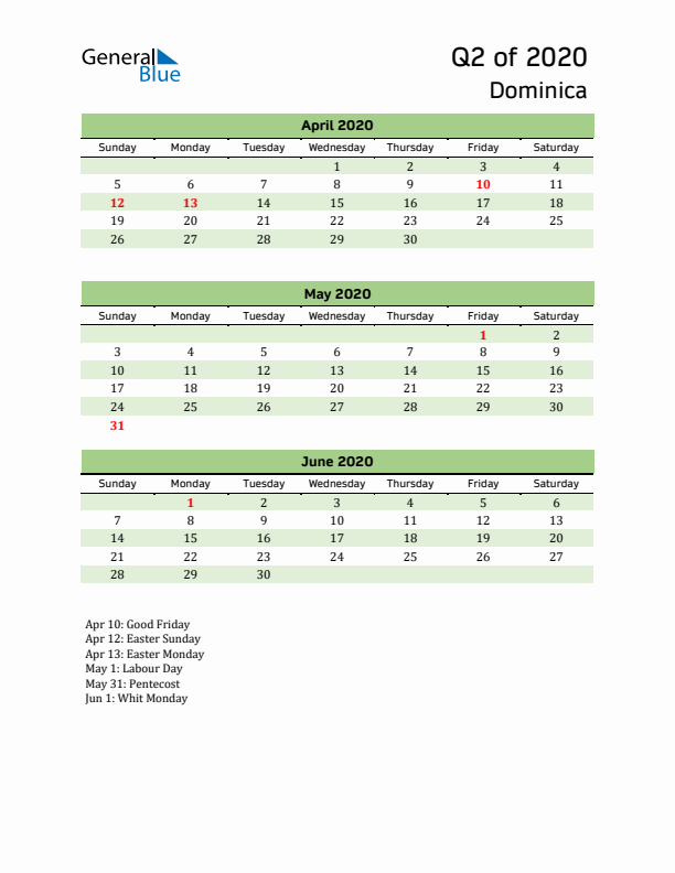 Quarterly Calendar 2020 with Dominica Holidays