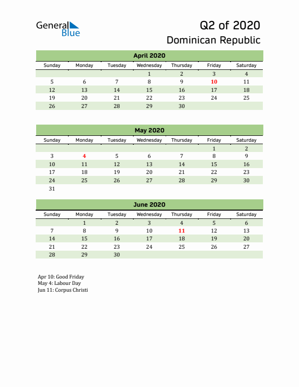 Quarterly Calendar 2020 with Dominican Republic Holidays
