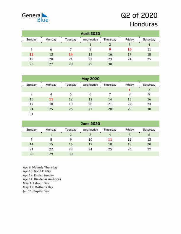 Quarterly Calendar 2020 with Honduras Holidays