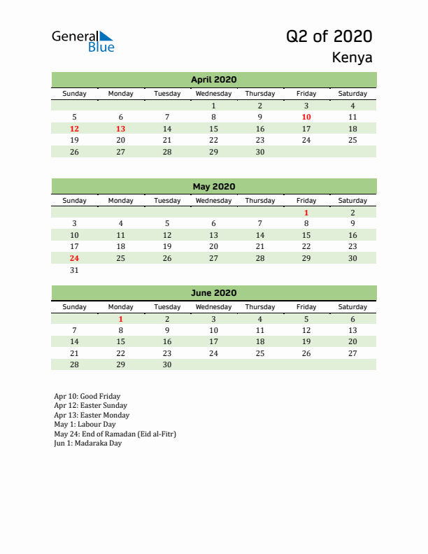 Quarterly Calendar 2020 with Kenya Holidays