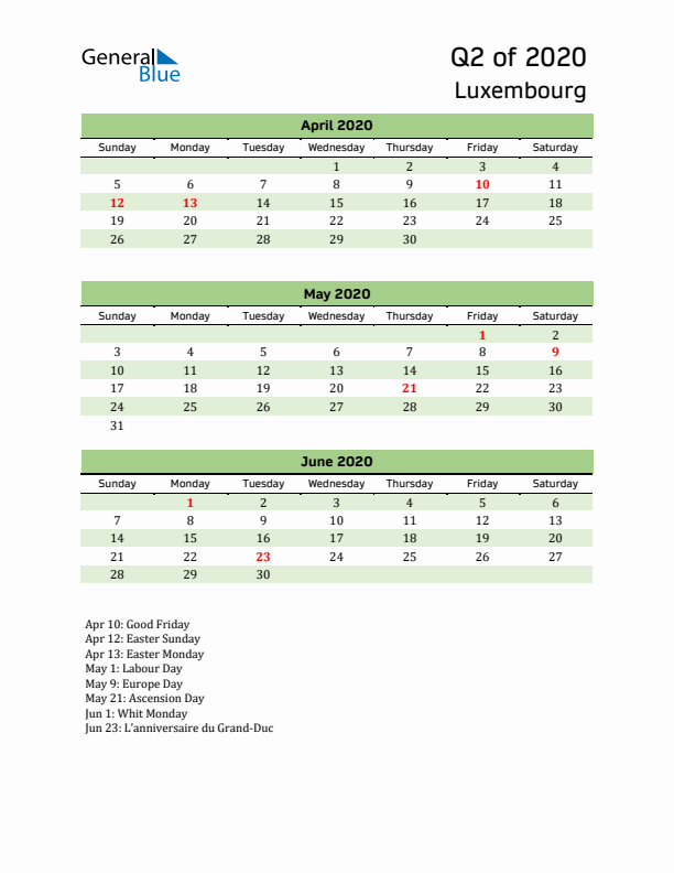 Quarterly Calendar 2020 with Luxembourg Holidays
