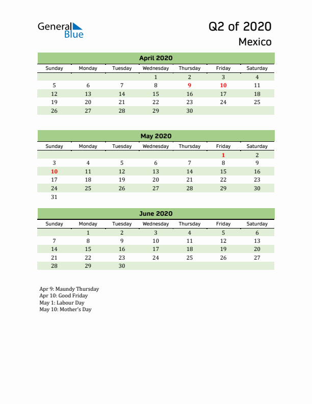 Quarterly Calendar 2020 with Mexico Holidays