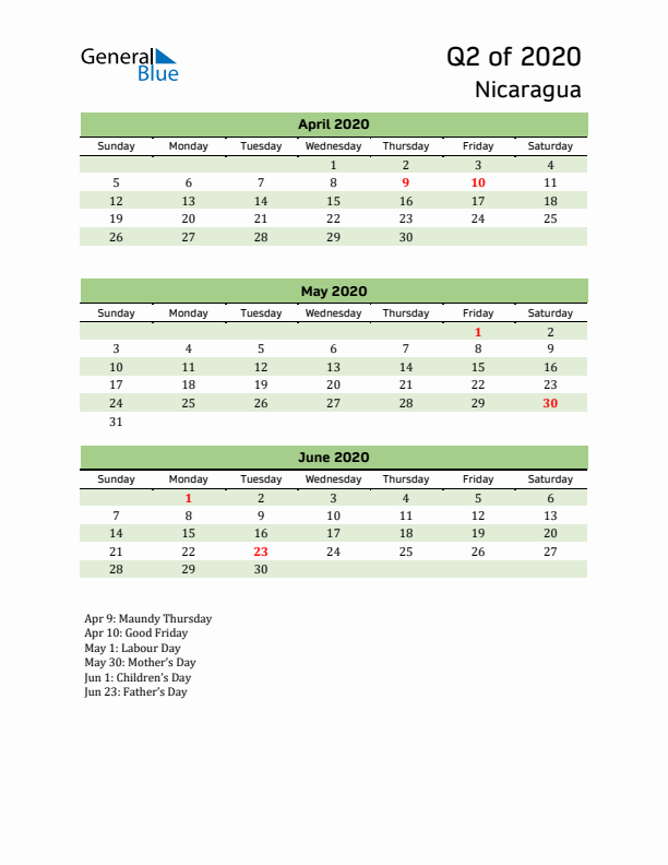 Quarterly Calendar 2020 with Nicaragua Holidays