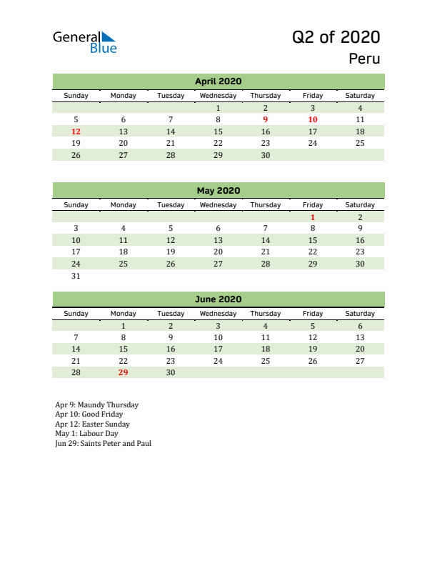 Quarterly Calendar 2020 with Peru Holidays