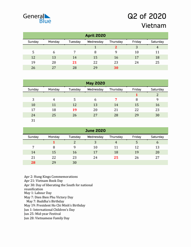 Quarterly Calendar 2020 with Vietnam Holidays