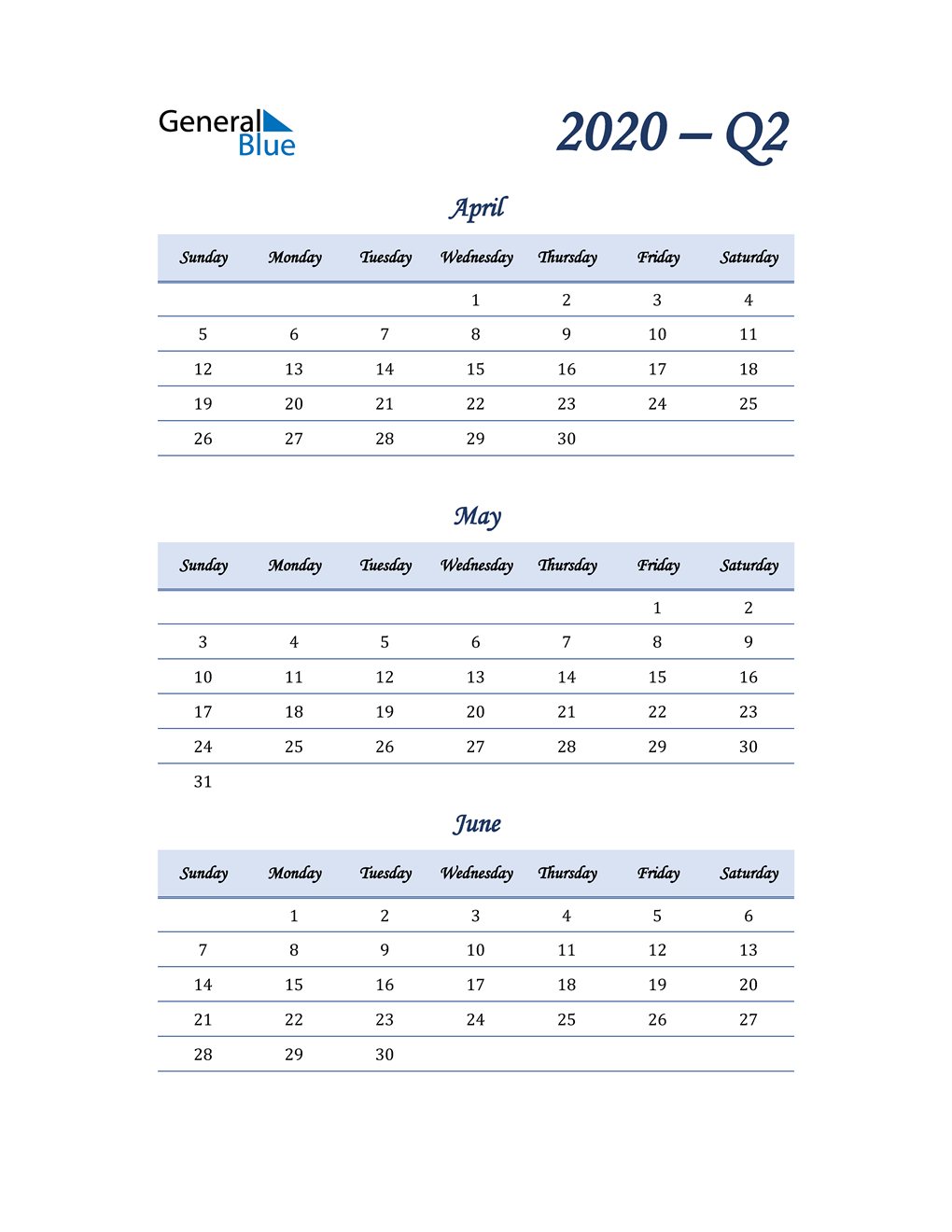 2020 Quarterly Calendar