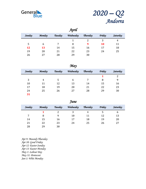  April, May, and June Calendar for Andorra