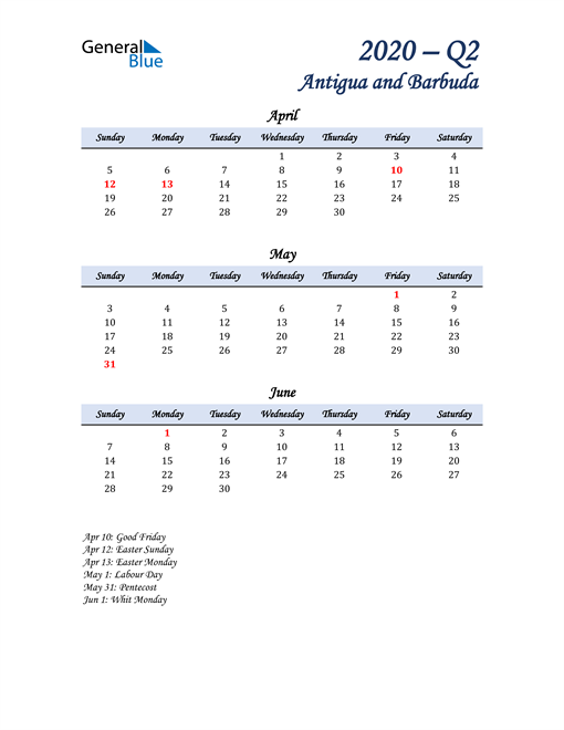  April, May, and June Calendar for Antigua and Barbuda