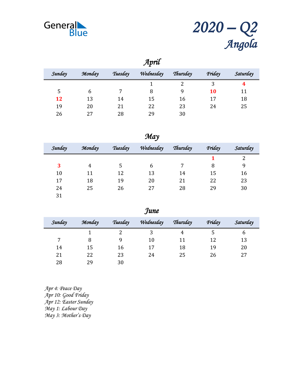  April, May, and June Calendar for Angola