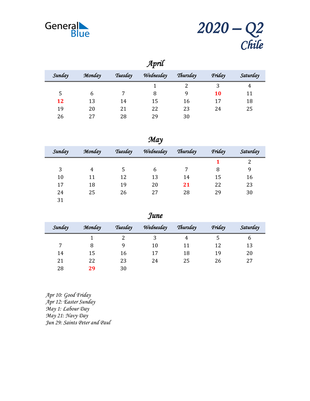  April, May, and June Calendar for Chile