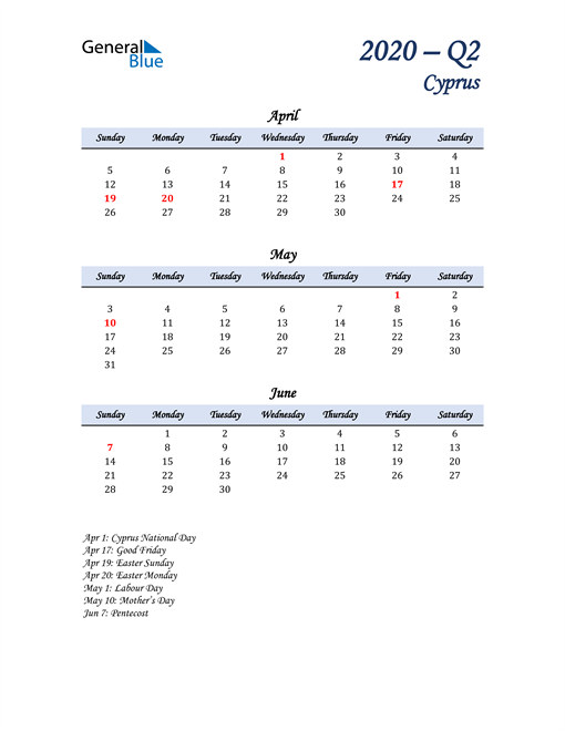  April, May, and June Calendar for Cyprus