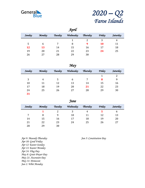  April, May, and June Calendar for Faroe Islands