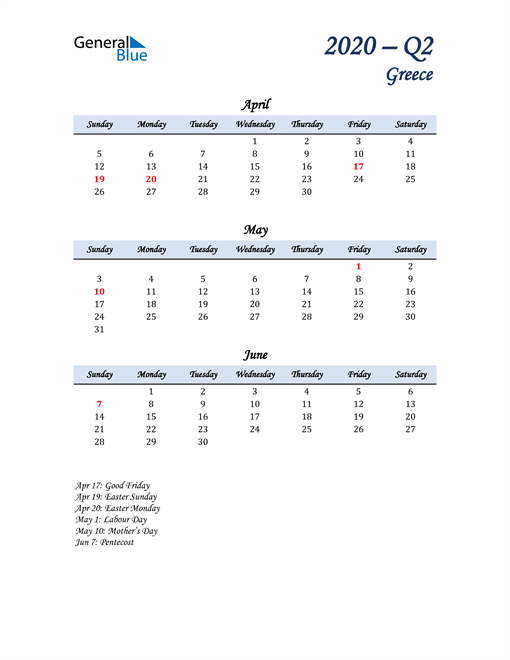  April, May, and June Calendar for Greece