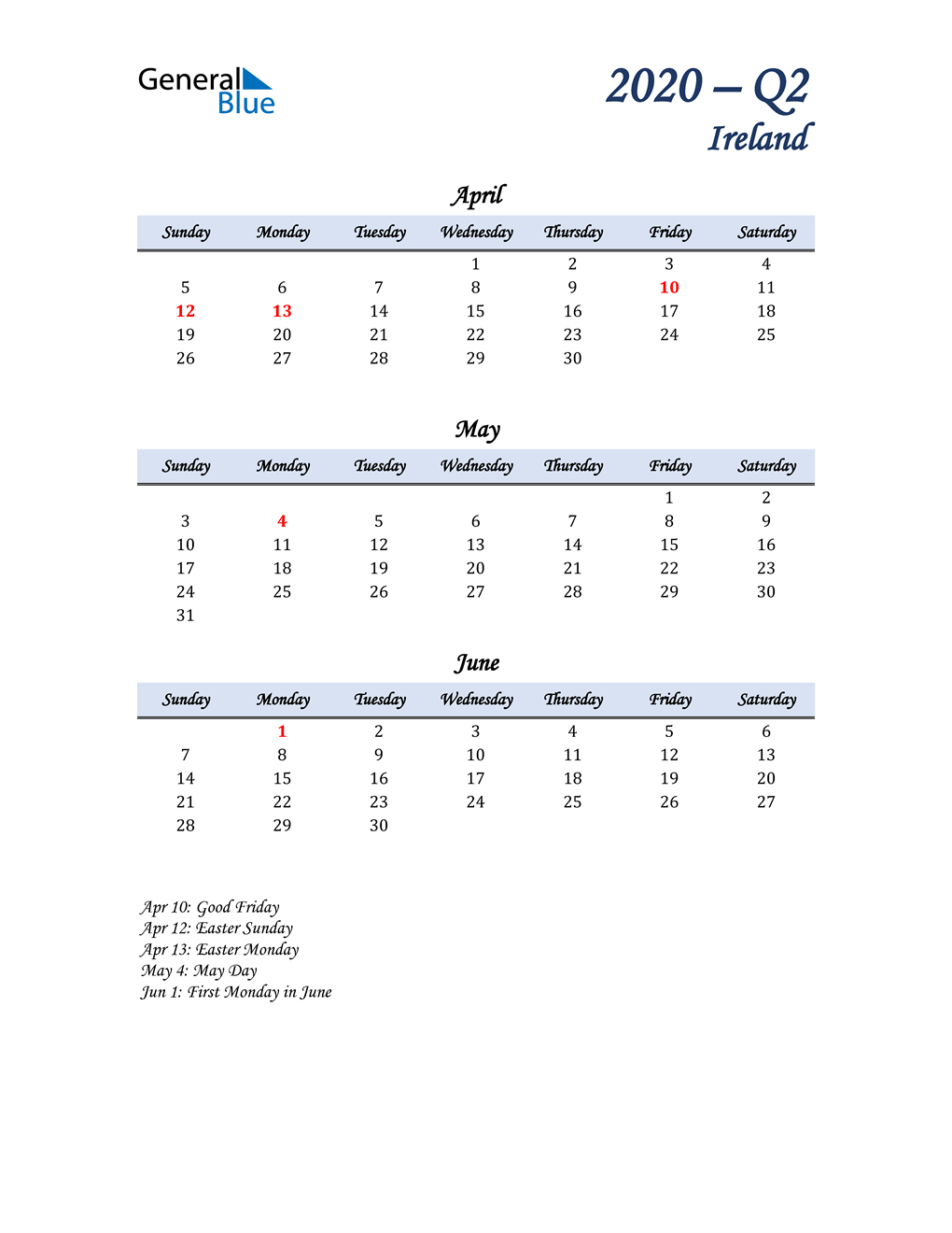  April, May, and June Calendar for Ireland
