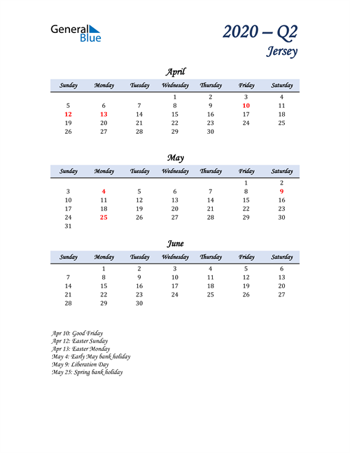  April, May, and June Calendar for Jersey