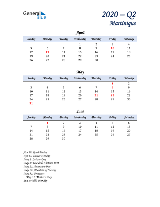  April, May, and June Calendar for Martinique