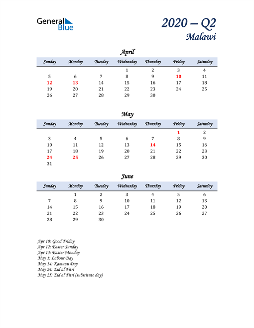  April, May, and June Calendar for Malawi
