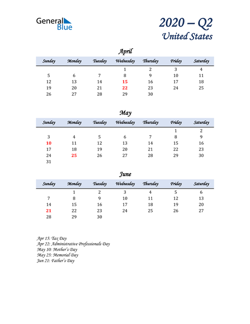  April, May, and June Calendar for United States