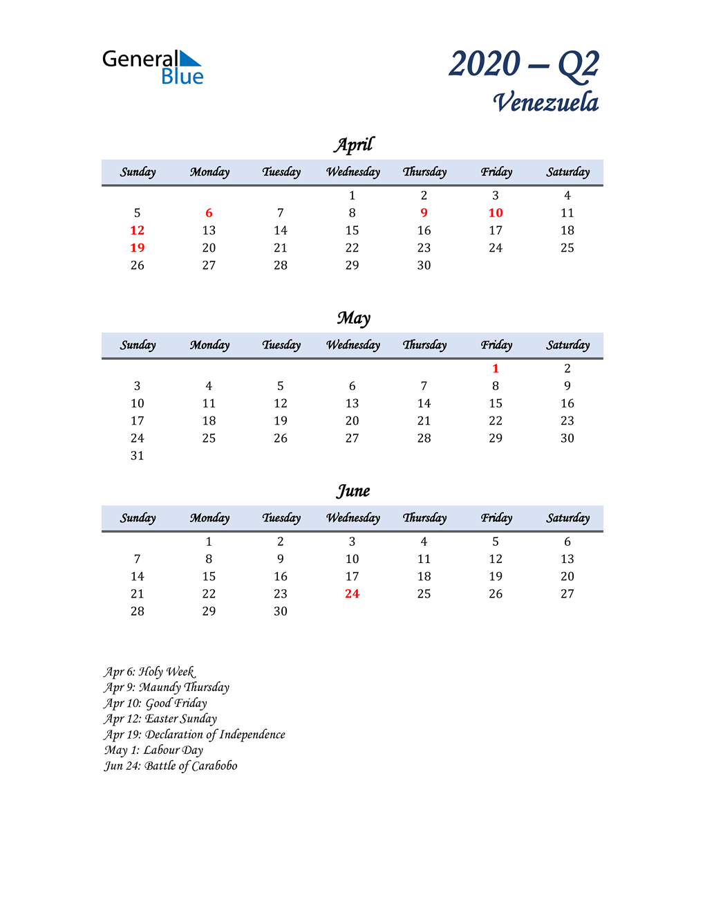  April, May, and June Calendar for Venezuela