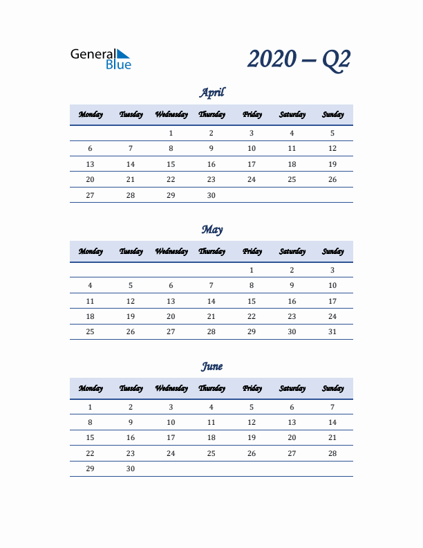 Monday Start 2020 Quarterly Calendar