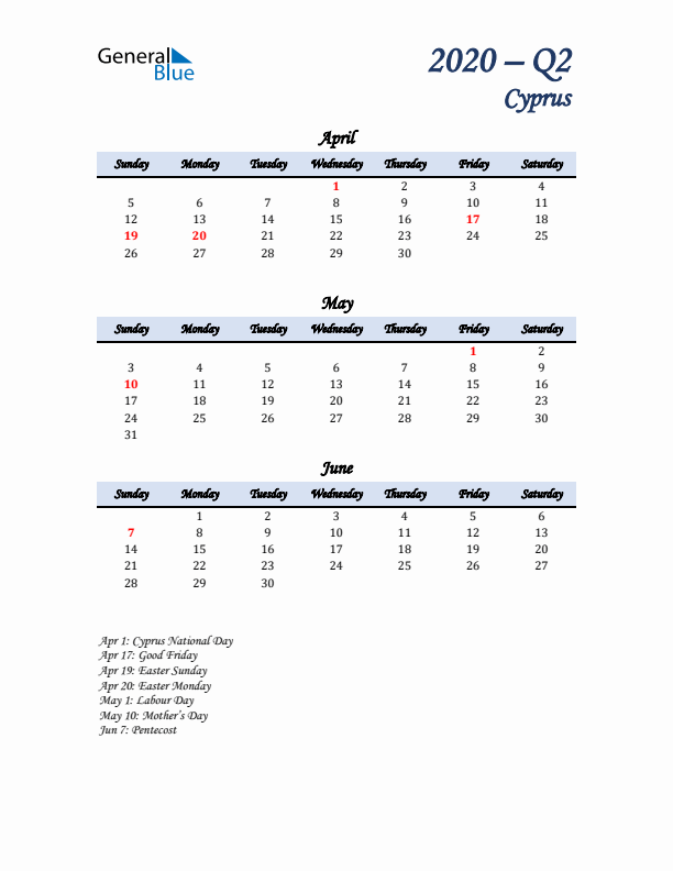 April, May, and June Calendar for Cyprus with Sunday Start