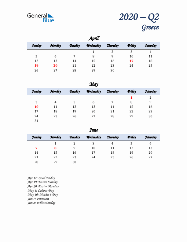 April, May, and June Calendar for Greece with Sunday Start