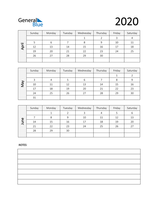  Q2 2020 Calendar with Notes