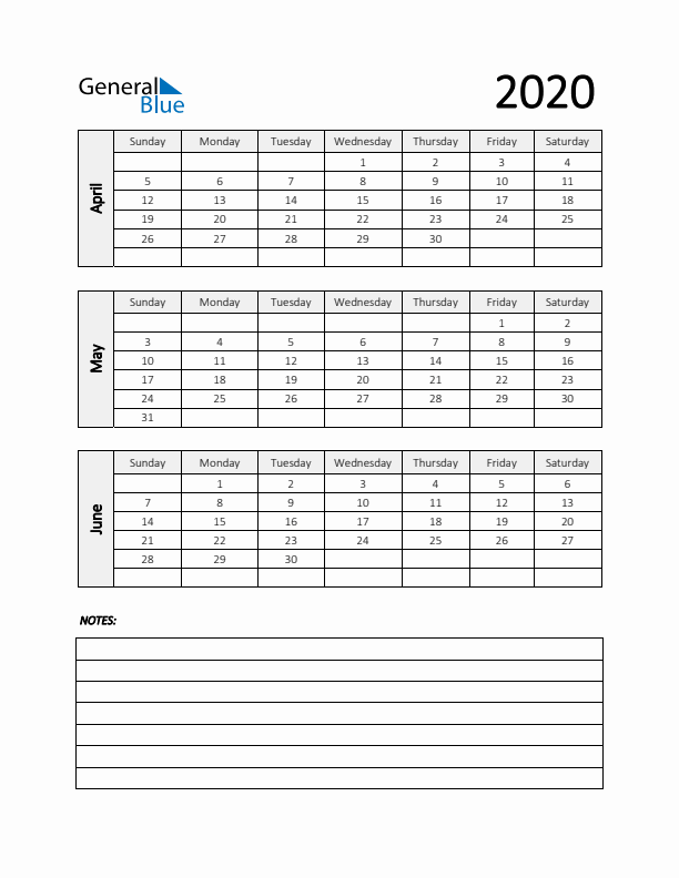 Q2 2020 Calendar with Notes