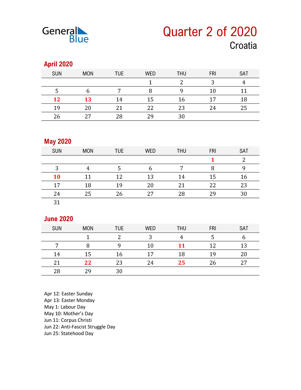  Printable Three Month Calendar for Croatia